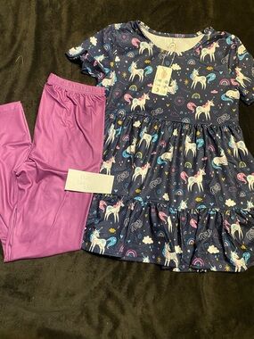 Girls Unicorn Tiered Dress & Purple Leggings Set